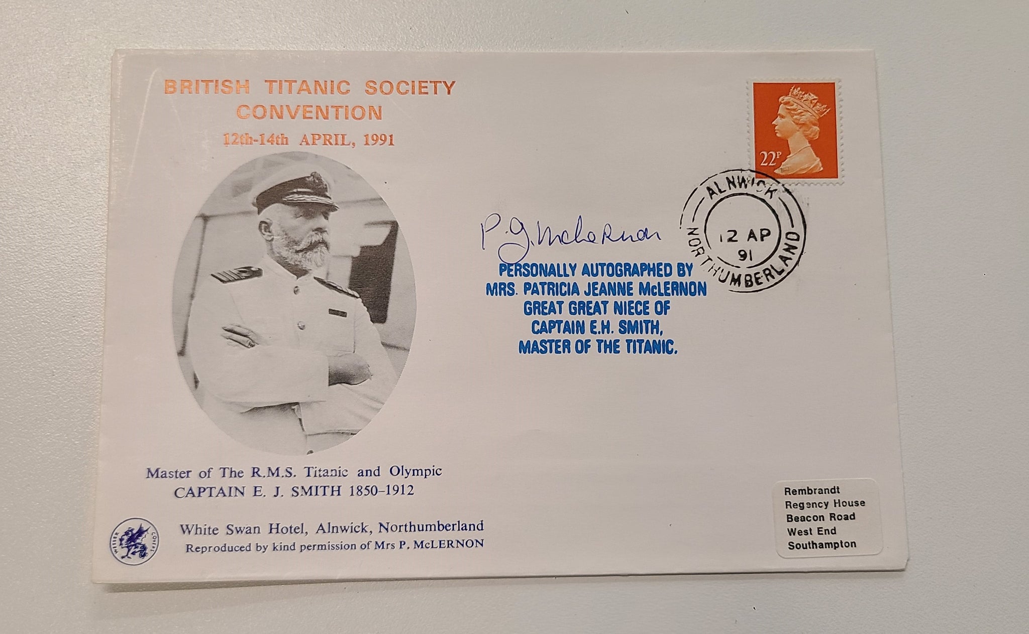 British Titanic Society Postal Cover signed CAPT Smith's Great Great Niece Mrs. Patricia McLernon
