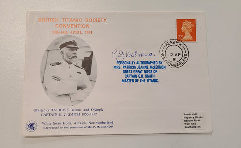 British Titanic Society Postal Cover signed CAPT Smith's Great Great Niece Mrs. Patricia McLernon