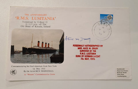 Cunard R.M.S. Lusitania Postal Cover Signed by Survivor Mrs. Alice Drury.