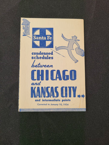 Santa Fe Railroad "Chicago to Kansas City" Timetable (Jan 10th, 1954)