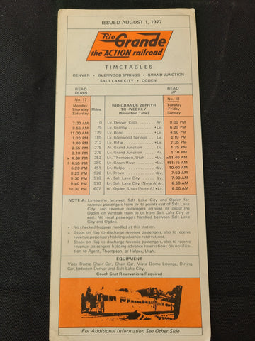 Rio Grande "The Action Railroad" Timetable (Aug 1st, 1977)