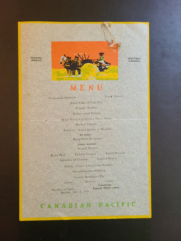 Canadian Pacific Line Duchess Of York Tourist Class Lunch Menu