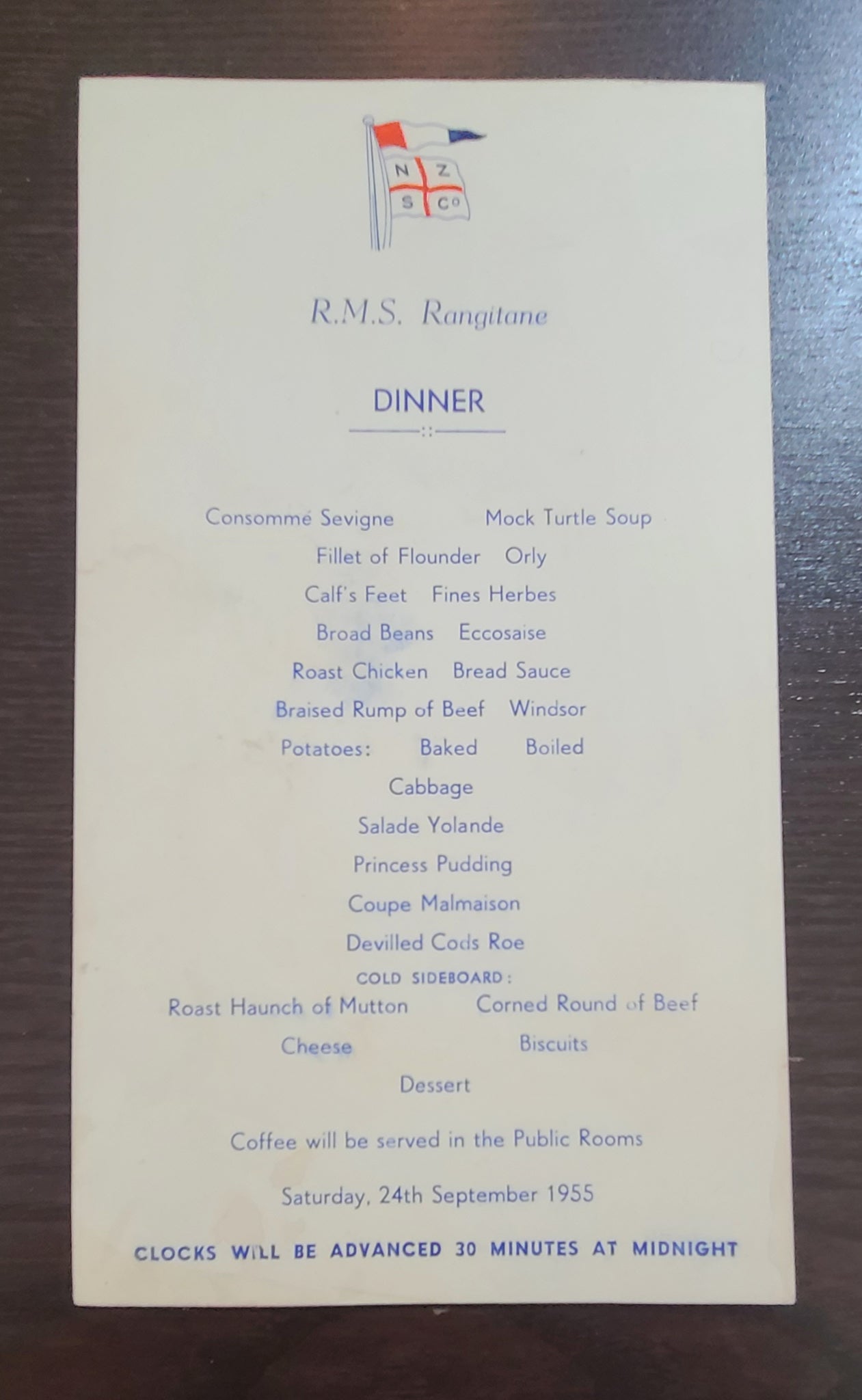 New Zealand Shipping Company R.M.S. Rangitane Dinner Menu