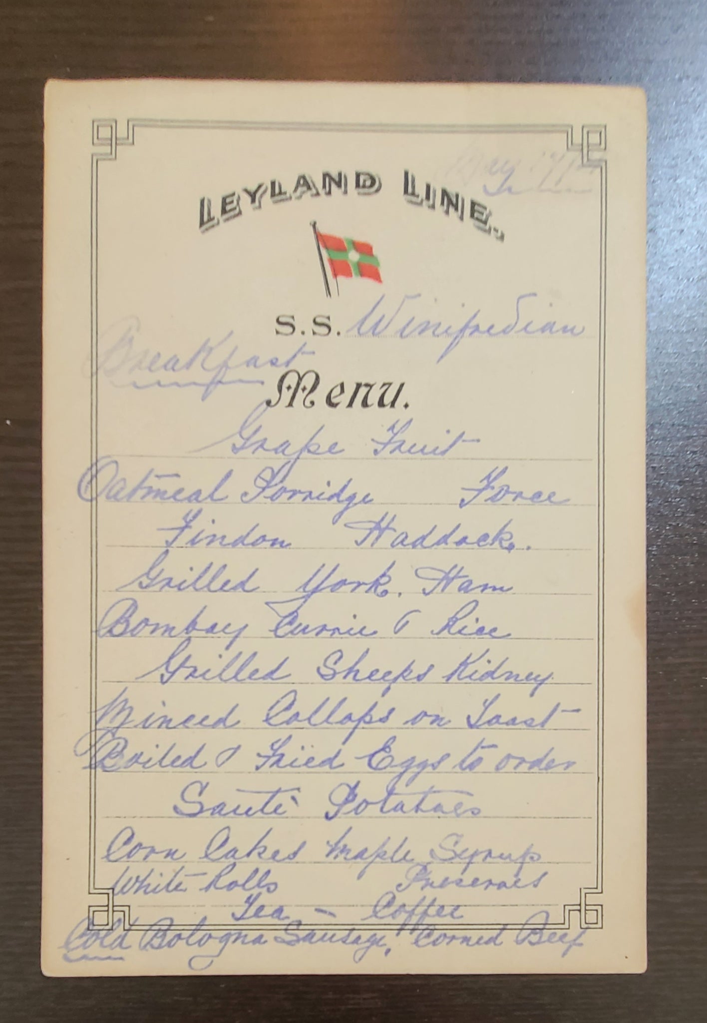 Leyland Line S.S. Winifredian Breakfast Menu