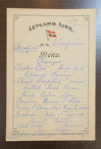 Leyland Line S.S. Winifredian Breakfast Menu