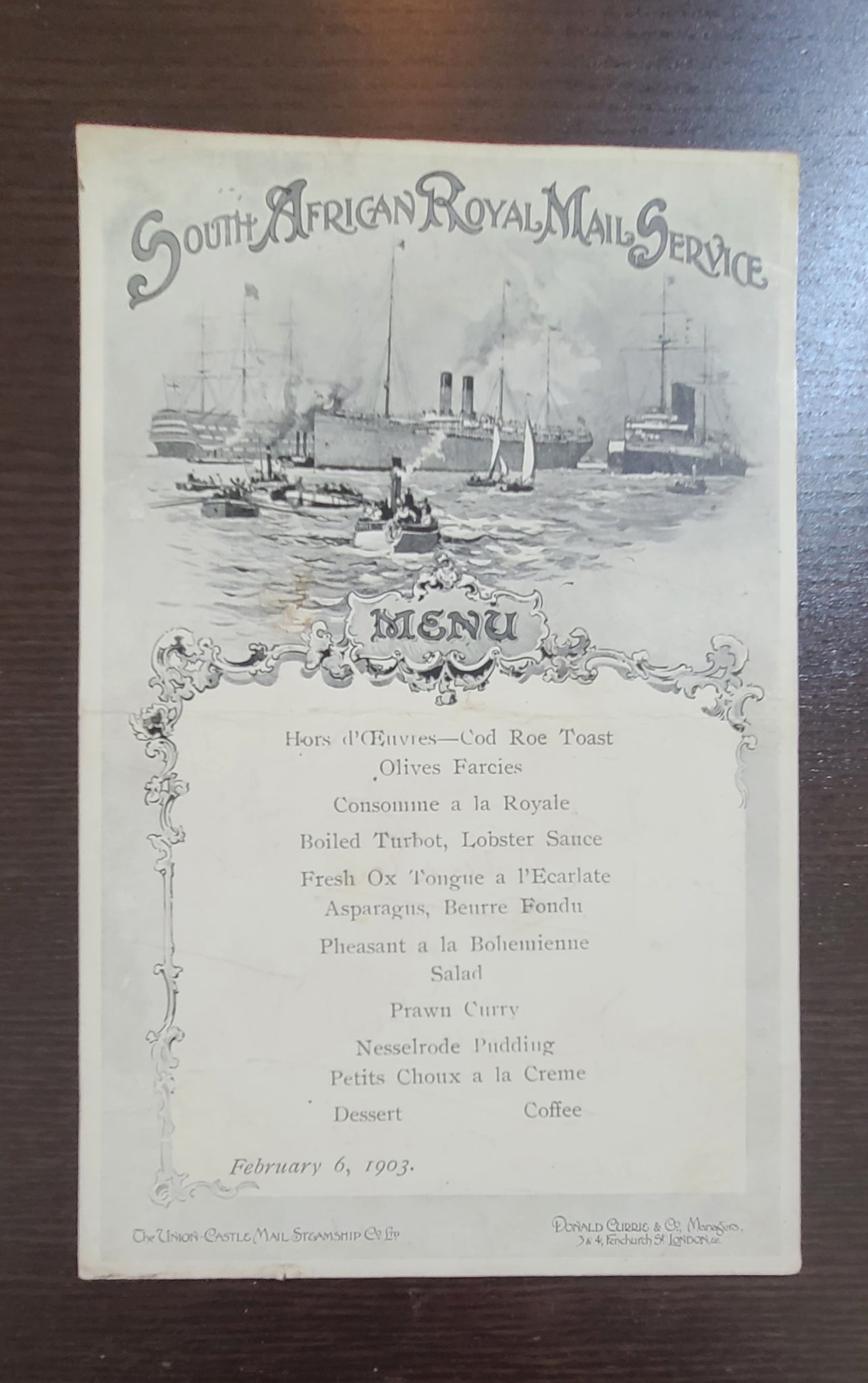 Union Castle Line South African Royal Mail Service Menu