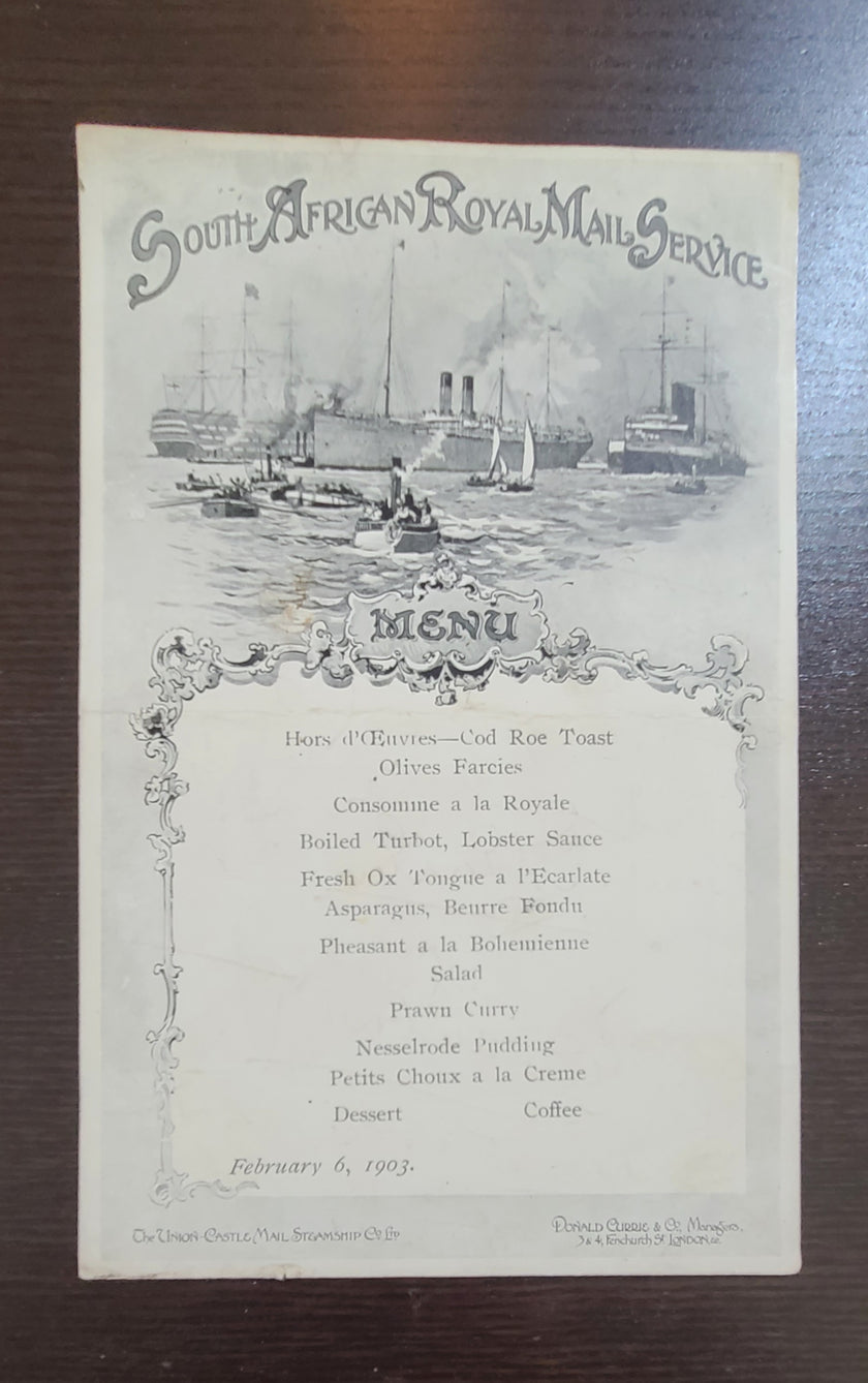 Union Castle Line South African Royal Mail Service Menu