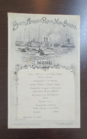 Union Castle Line South African Royal Mail Service Menu