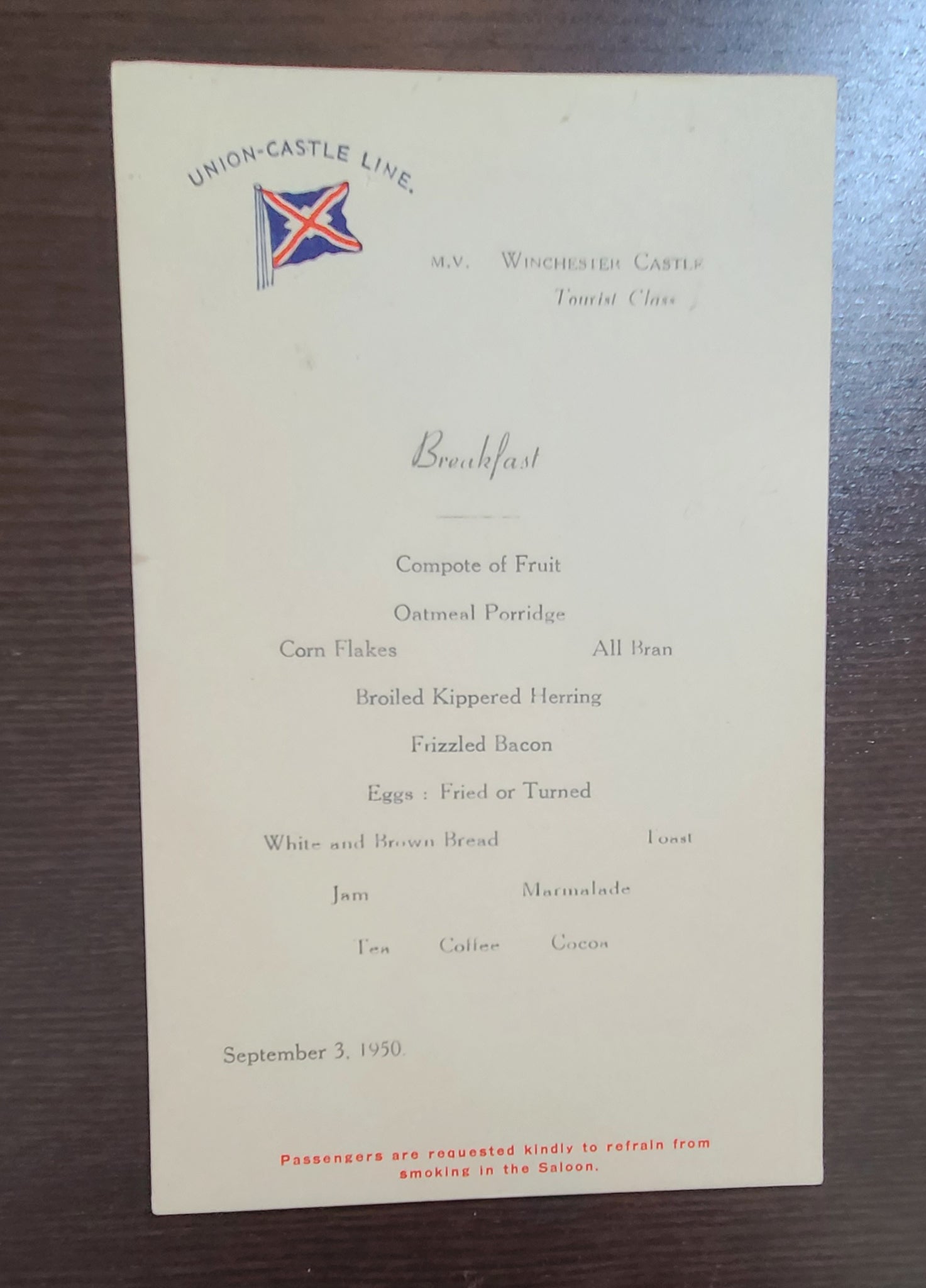 Union Castle Line M.V. Winchester Castle Breakfast Menu