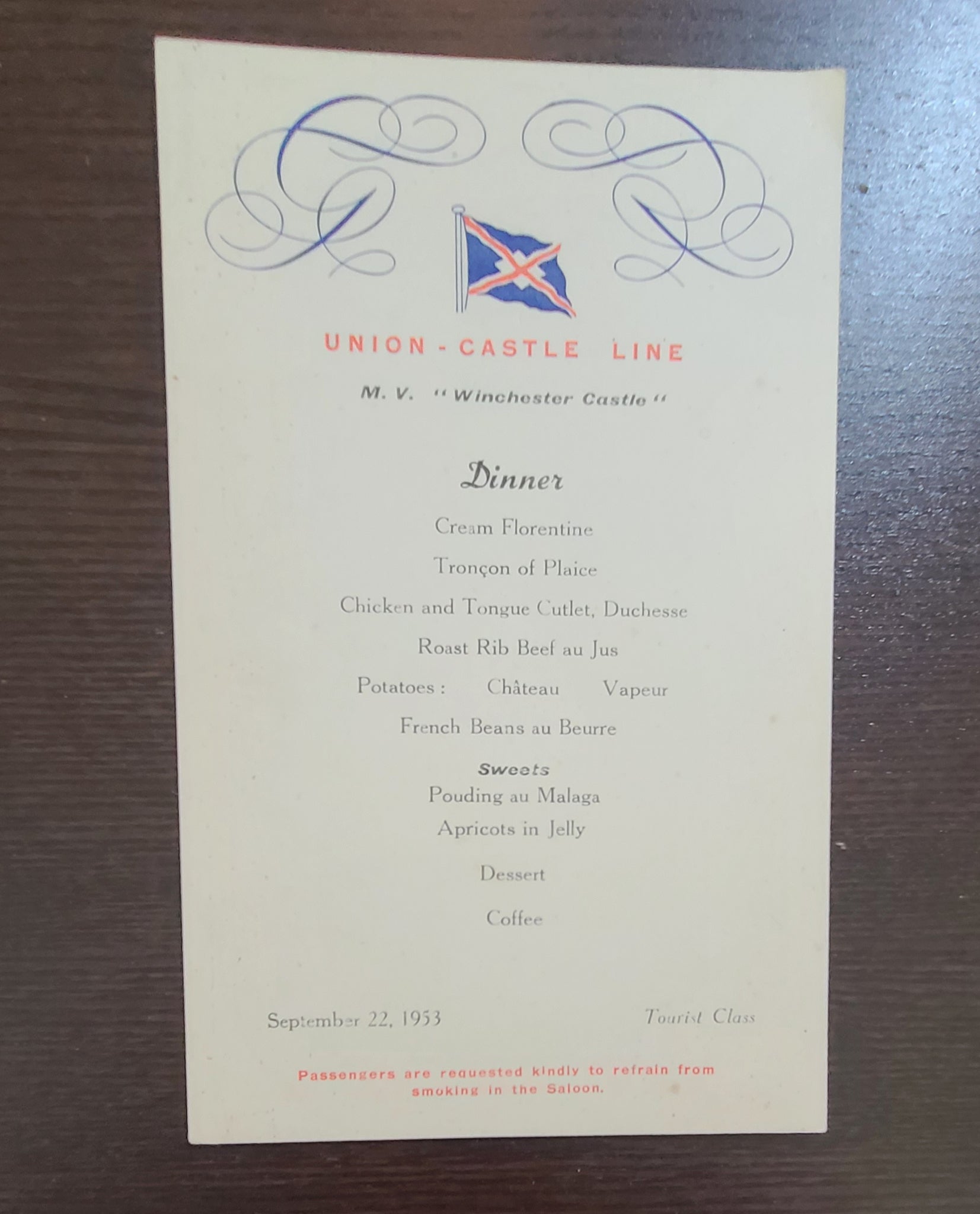 Union Castle Line M.V. Winchester Castle Dinner Menu
