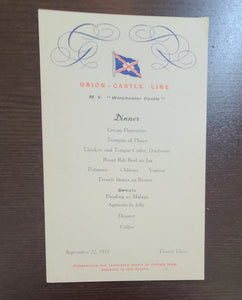 Union Castle Line M.V. Winchester Castle Dinner Menu