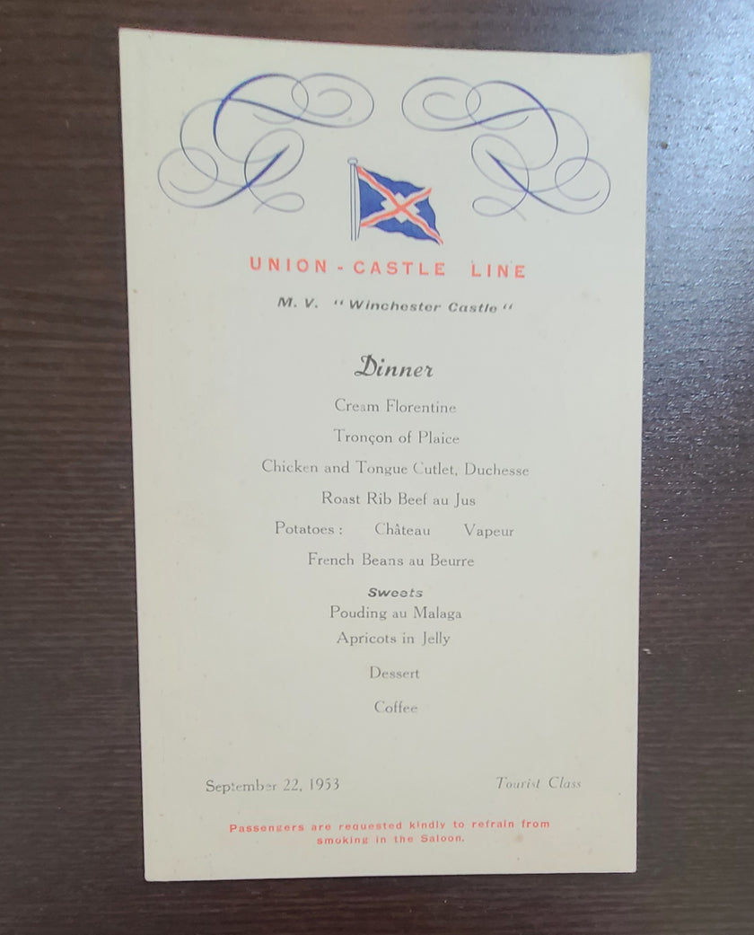 Union Castle Line M.V. Winchester Castle Dinner Menu
