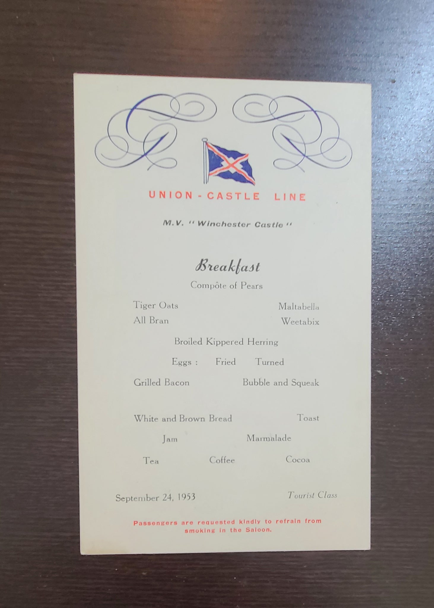 Union Castle Line M.V. Winchester Castle Breakfast Menu