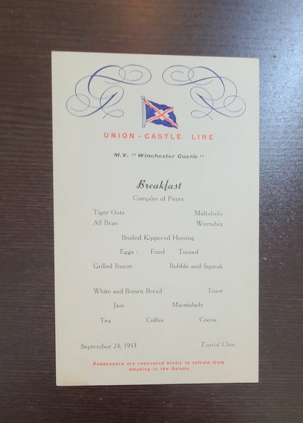 Union Castle Line M.V. Winchester Castle Breakfast Menu