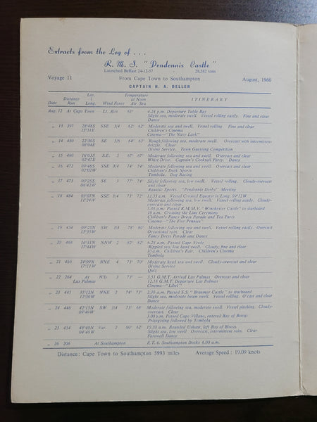 Union Castle Line R.M.S. Pendennis Castle Dinner Menu