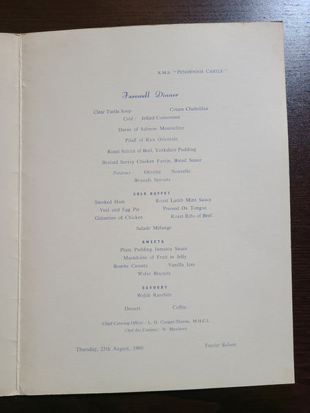 Union Castle Line R.M.S. Pendennis Castle Dinner Menu