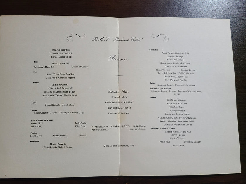 Union Castle Line R.M.S. Pendennis Castle Dinner Menu