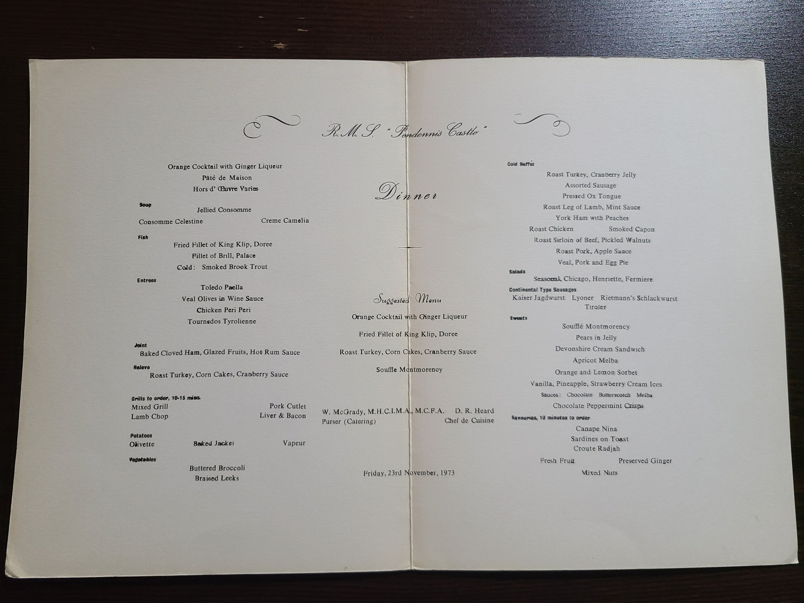 Union Castle Line R.M.S. Pendennis Castle Dinner Menu