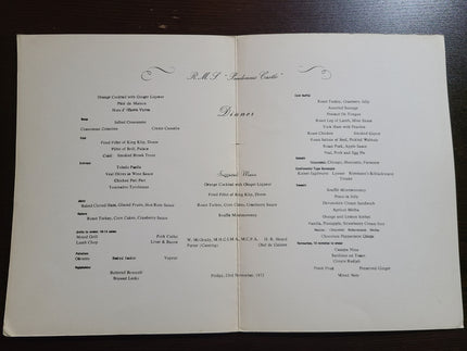 Union Castle Line R.M.S. Pendennis Castle Dinner Menu