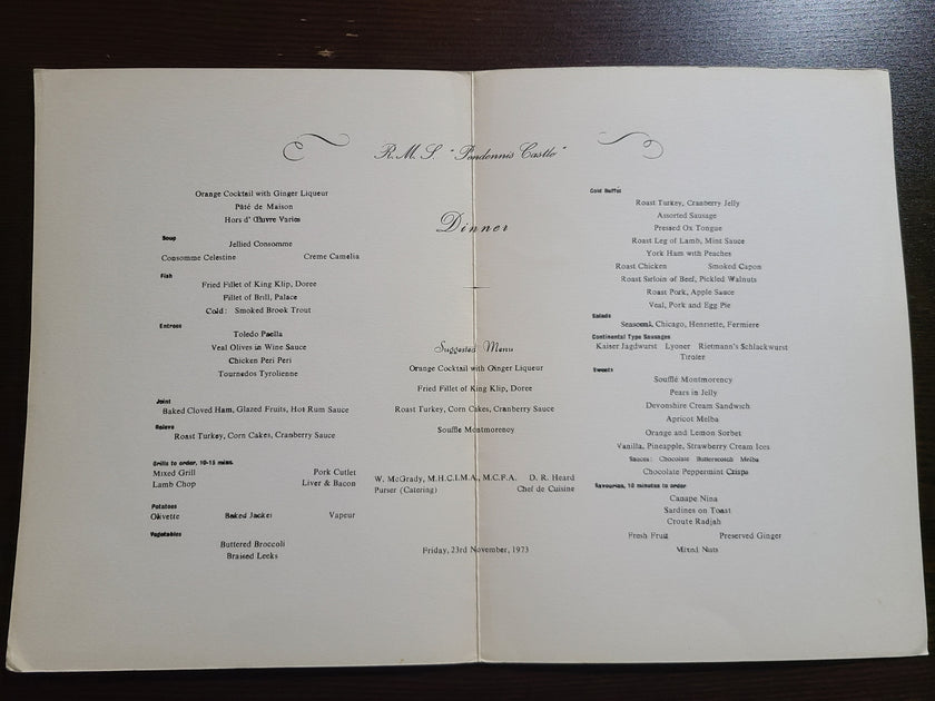 Union Castle Line R.M.S. Pendennis Castle Dinner Menu