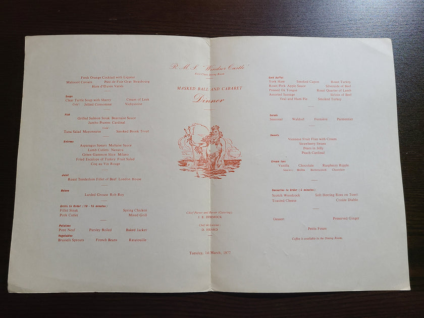 Union Castle Line R.M.S. Windsor Castle Masked Ball & Dinner Menu