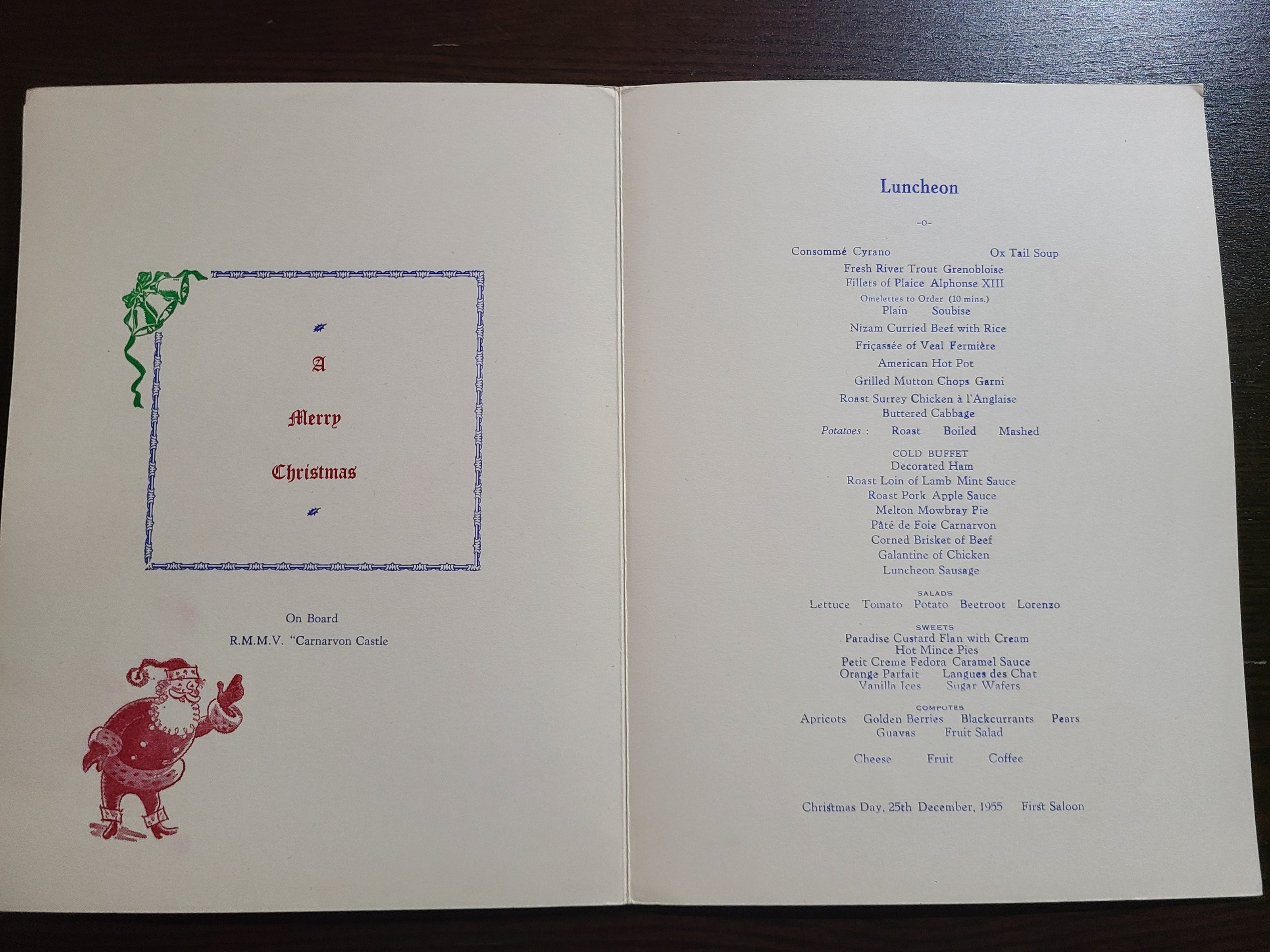 Union Castle Line R.M.S. Carnarvon Castle Christmas Lunch Menu