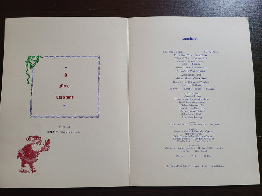 Union Castle Line R.M.S. Carnarvon Castle Christmas Lunch Menu
