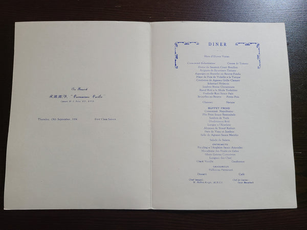 Union Castle Line R.M.S. Carnarvon Castle Dinner Menu