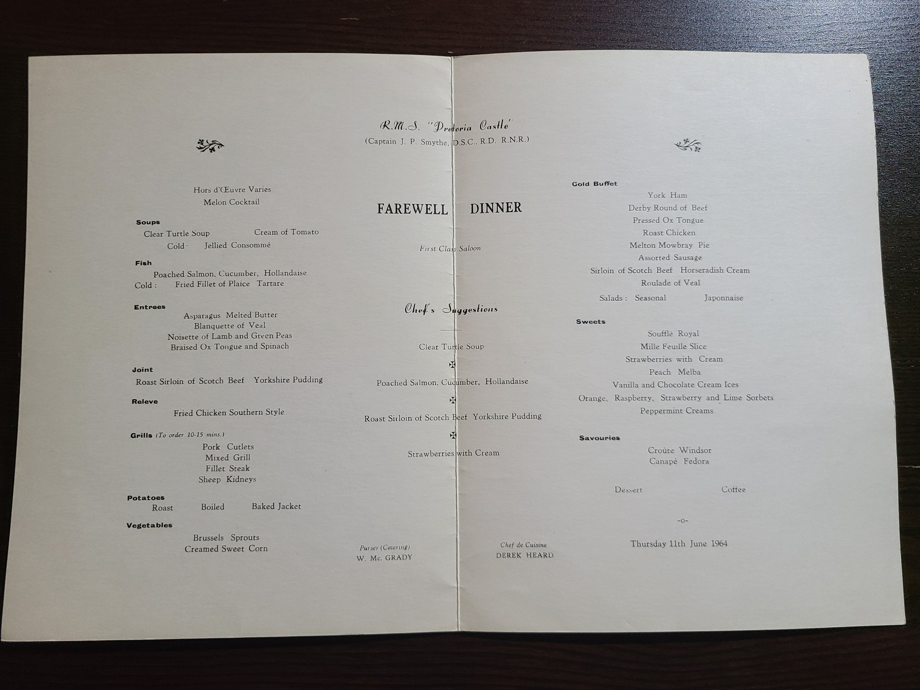 Union Castle Line R.M.S. Pretoria Castle Dinner Menu