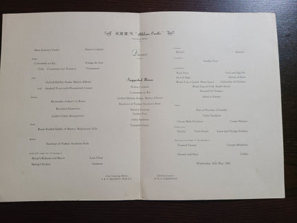 Union Castle Line R.M.S. Athlone Castle Dinner Menu