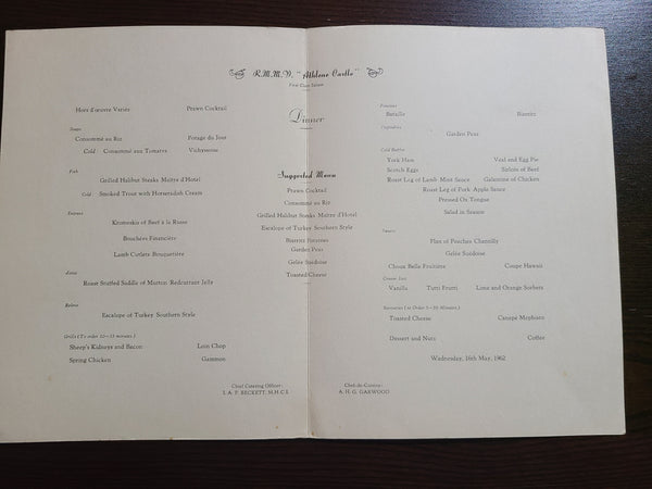 Union Castle Line R.M.S. Athlone Castle Dinner Menu