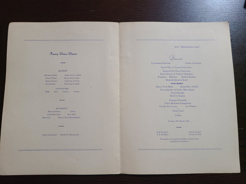 Union Castle Line R.M.S. Bloemfontein Castle Dinner Menu
