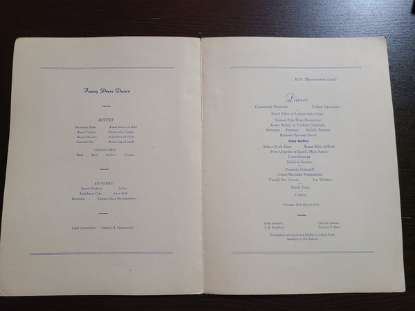 Union Castle Line R.M.S. Bloemfontein Castle Dinner Menu