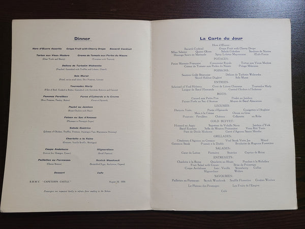 Union Castle Line R.M.M.V Capetown Castle Dinner Menu