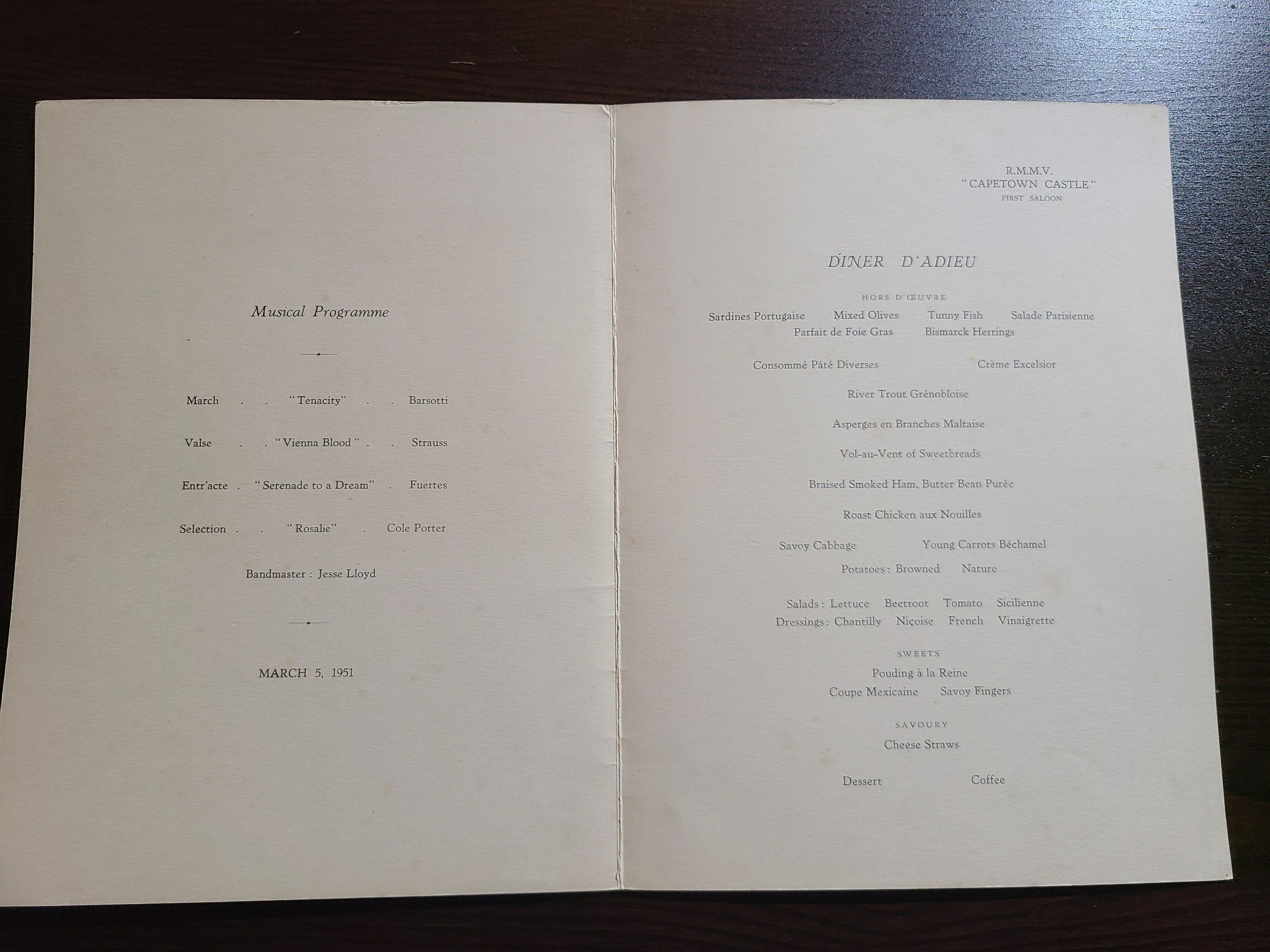 Union Castle Line R.M.M.V Capetown Castle Dinner Menu