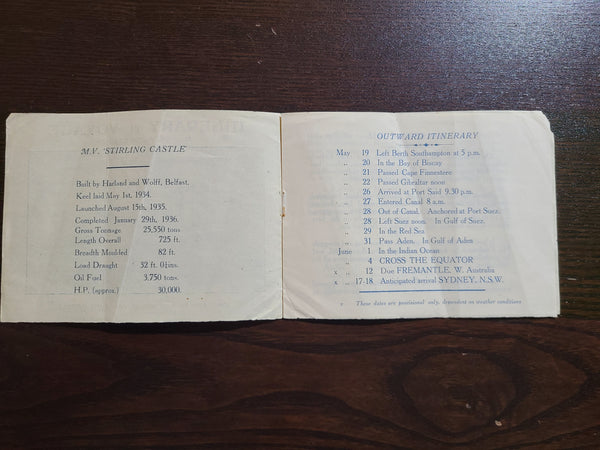 Union Castle Line M.V. Stirling Castle Itinerary of Voyage