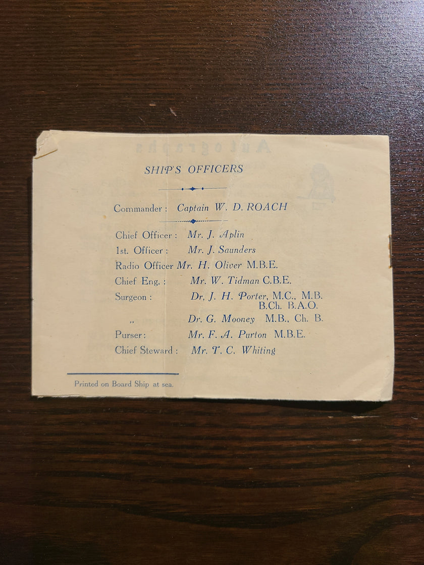 Union Castle Line M.V. Stirling Castle Itinerary of Voyage