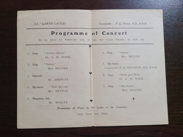 Union Castle Line S.S. Garth Castle Programme