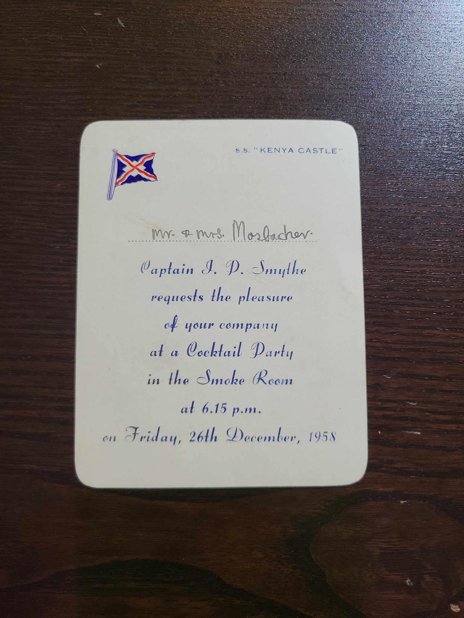 Union Castle Line S.S. Kenya Castle Captain's Cocktail Party Invitation