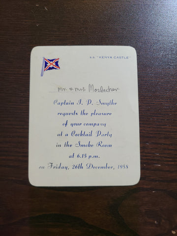 Union Castle Line S.S. Kenya Castle Captain's Cocktail Party Invitation