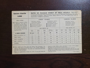 Union Castle Line Rates of Passage Card