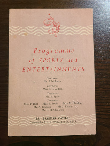 Union Castle Line S.S. Braemar Castle Programme
