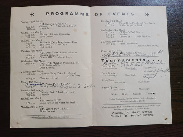 Union Castle Line S.S. Braemar Castle Programme