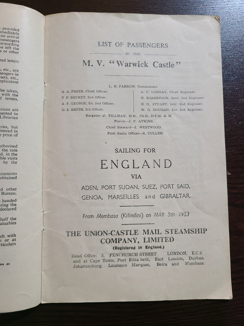 Union Castle Line M.V. Warwick Castle Passenger List