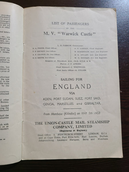 Union Castle Line M.V. Warwick Castle Passenger List