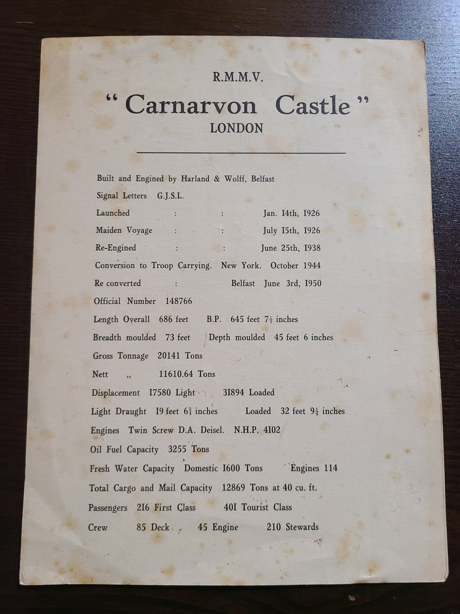 Union Castle Line R.M.M.V Carnarvon Castle Facts Card