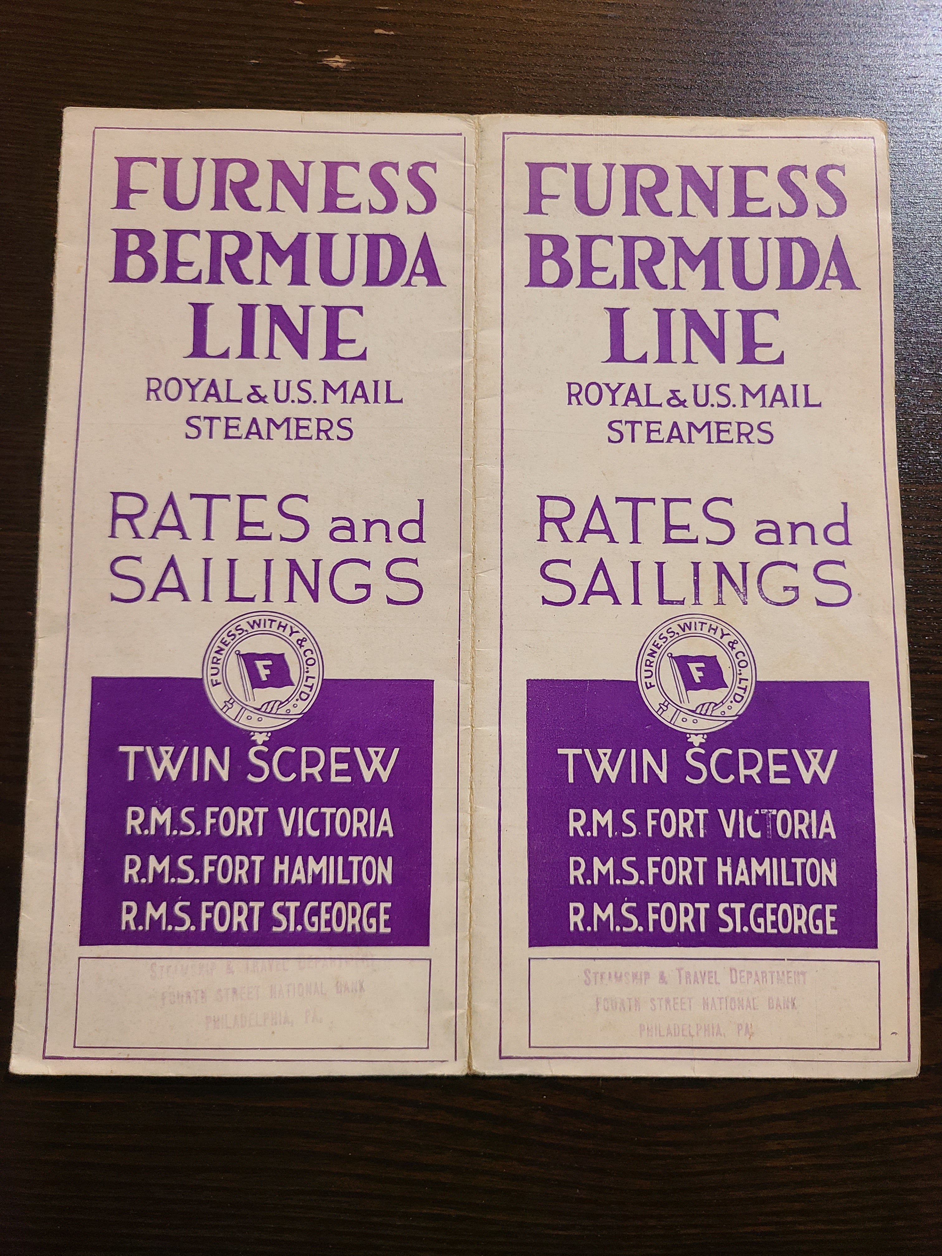 Furness Bermuda Line Rates & Sailings Brochure with fold out deck plan