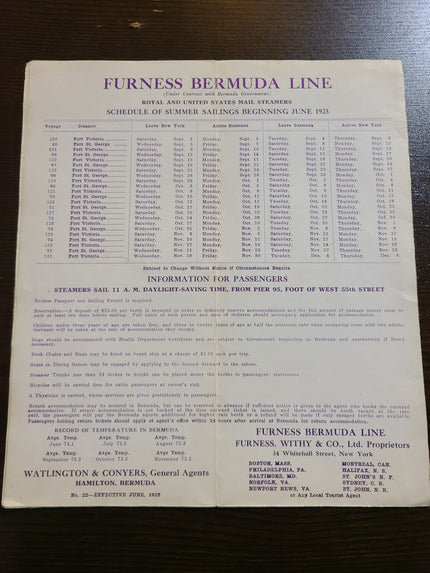 Furness Bermuda Line Rates & Sailings Brochure with fold out deck plan
