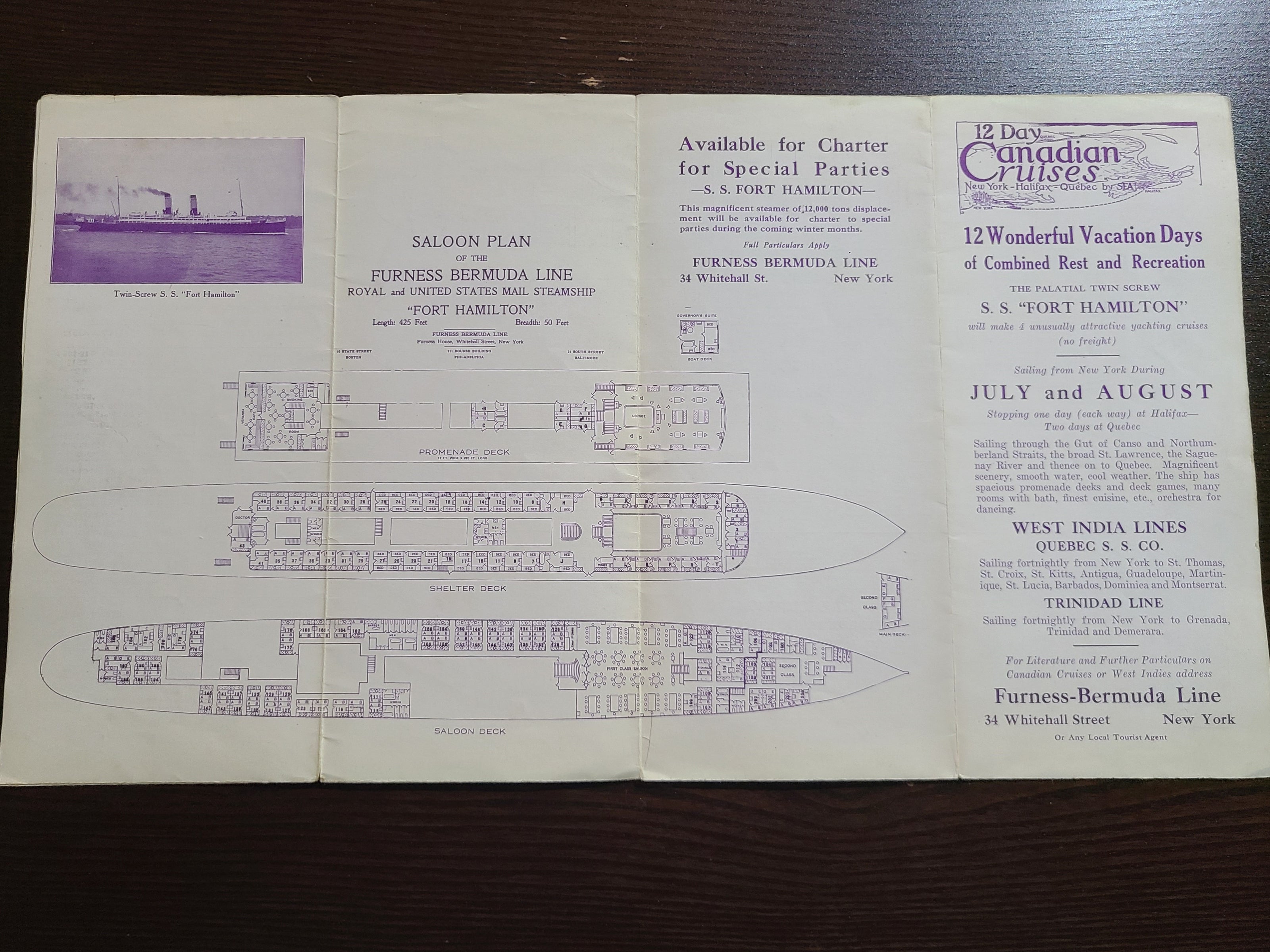 Furness Bermuda Line Rates & Sailings Brochure with fold out deck plan