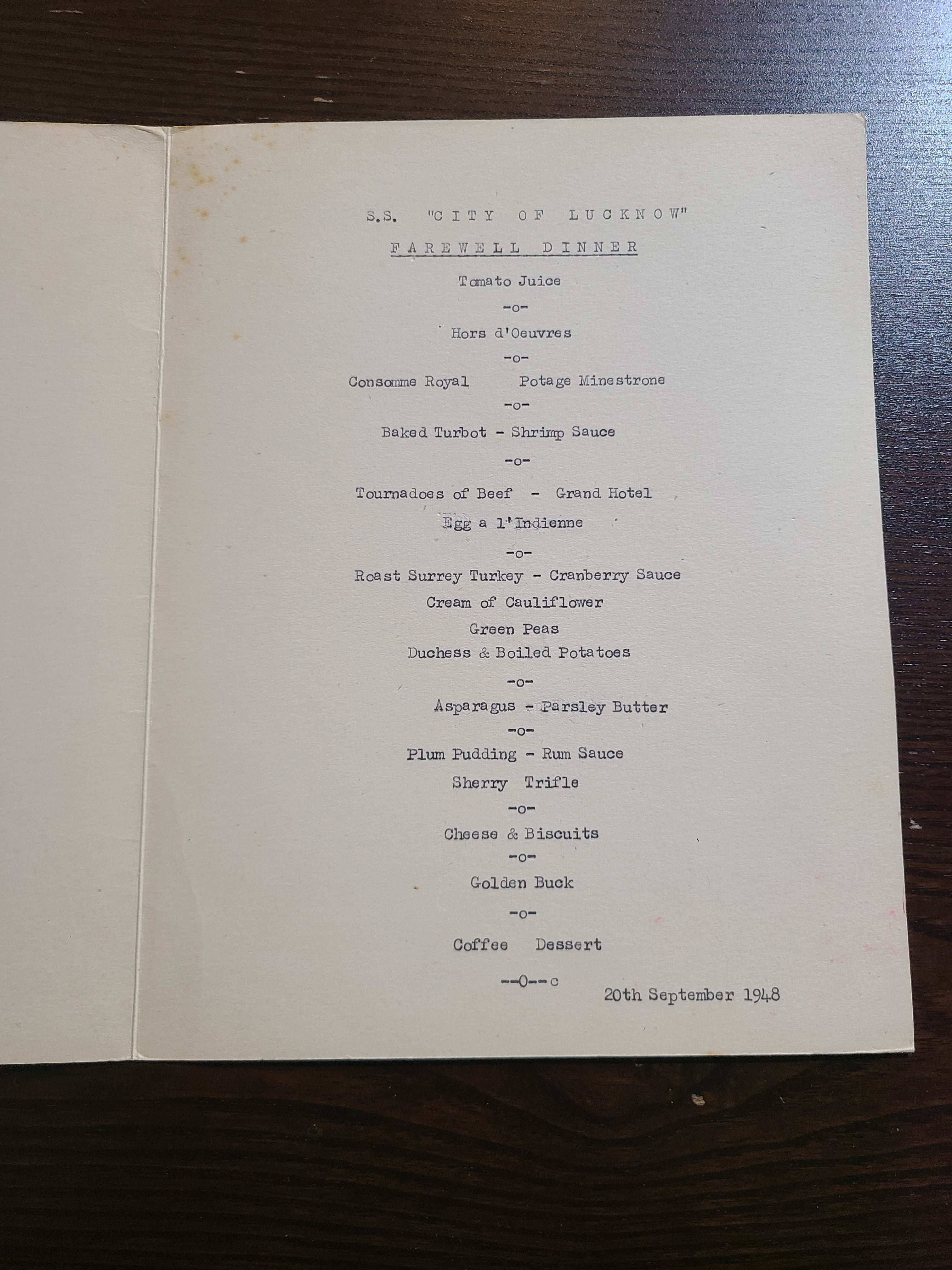 Ellerman Lines S.S. City of Lucknow Farewell Dinner Menu